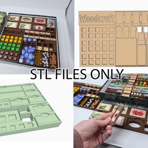 May include: A wooden board game organizer with compartments for game pieces, dice, and cards. The game box is visible, along with the text "Woodcraft" and "STL FILES ONLY". The organizer is designed to hold various game components.