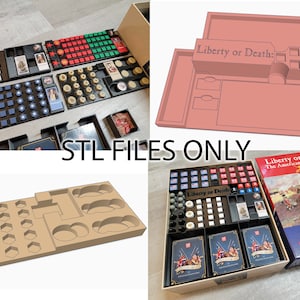 May include: A 3D printed organizer for the board game "Liberty or Death: The American Insurrection". The organizer has compartments for the game's components, including cards, tokens, and dice. The organizer is made of brown plastic and has a textured surface.