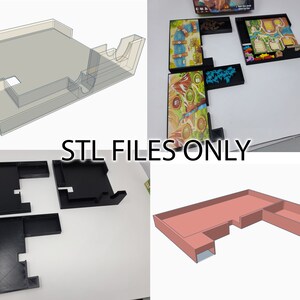 May include: A 3D printed game organizer for the board game "Wingspan". The organizer is made of black plastic and has multiple compartments for storing the game's components. The organizer is shown in both a 3D rendering and a photograph of the actual printed product.