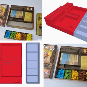 May include: A red and blue 3D printed game organizer insert for the board game "Beer & Bread". The insert has compartments for storing game pieces, cards, and other components. The insert is designed to fit inside the game box.