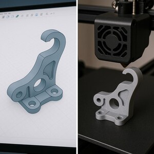Op de afbeelding: Een lichtgrijs 3D-geprint haakvormig object, naast een digitale weergave van hetzelfde ontwerp op een computerscherm. Het object heeft een gebogen haak, een afgerond lichaam en twee gaten aan de basis. De 3D-printer staat op de achtergrond.