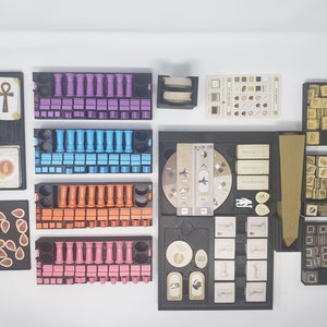 May include: A black foam insert with compartments for organizing game pieces. The insert includes compartments for small tokens, dice, and cards. The insert is designed for a board game.