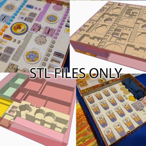 May include: A 3D printed insert for the board game "7 Wonders Duel". The insert is made of beige plastic and has compartments for all of the game's components. The insert is designed to fit inside the game's box.