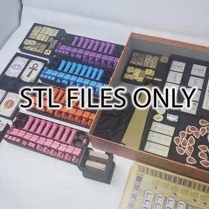 May include: A set of 3D printed organizer inserts for the board game "The 7th Continent". The inserts are made of black plastic and feature compartments for the game's components, including cards, tokens, and miniatures. The text "STL FILES ONLY" is superimposed on the image.