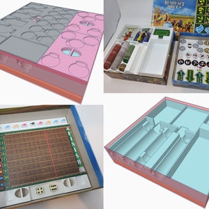 May include: A 3D printed insert for a board game box. The insert has compartments for storing the game's components, including the game board, dice, and playing pieces. The insert is made of a light blue plastic and has a pink and gray base.