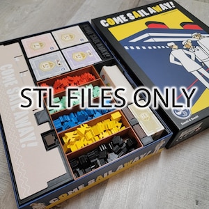 May include: A board game box set titled "COME SAIL AWAY!" with the text "STL FILES ONLY". The box contains game pieces in red, blue, yellow, and black. The box art shows people on a ship. The game is designed by Sushi & Soushi.