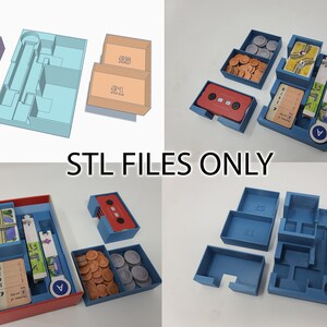 May include: A set of blue and red 3D printed organizers for a board game. The organizers include compartments for cards, tokens, and other game pieces. The organizers are labeled with numbers and text. STL FILES ONLY.
