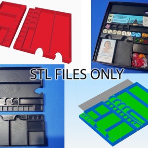 May include: A 3D printed organizer for a board game. The organizer is black and has multiple compartments. The organizer is designed to fit the game pieces and cards. STL files only.
