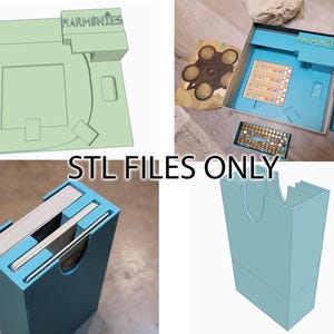 May include: A 3D printed organizer for the board game Harmonies. The organizer is blue and has compartments for the game's components. The organizer is shown in both a rendered image and a photograph.