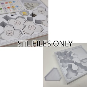 May include: White plastic insert for a board game with multiple compartments. The insert has a hexagonal design and is labeled with numbers. STL FILES ONLY.