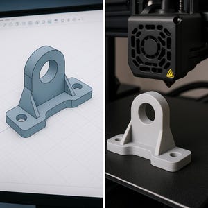 Pode incluir: Um suporte cinza claro impresso em 3D com um orifício circular e duas flanges de montagem. O suporte é mostrado em um design digital e como um objeto físico, ao lado de uma impressora 3D.