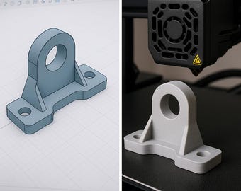 May include: A light gray 3D-printed bracket with a circular hole and two mounting flanges. The bracket is shown in a digital design and as a physical object, next to a 3D printer.