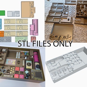 May include: A 3D printed organizer for a board game. The organizer is made of brown plastic and has compartments for different game pieces. The organizer is shown in both a 3D rendering and a real-life photo. STL FILES ONLY.