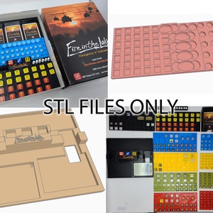 May include: A 3D printed organizer for the board game "Fire in the Lake: Insurgency in Vietnam". The organizer includes compartments for the game's cards, dice, and tokens. The organizer is made of a light brown plastic.