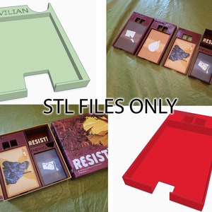 Op de afbeelding: Een 3D-geprinte organizer voor het bordspel Resist! De organizer heeft compartimenten voor de kaarten van het spel, waaronder een compartiment met het label "Civilian".