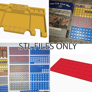 May include: A 3D printed game organizer for the board game "The U.S. Civil War". The organizer includes compartments for game pieces, dice, and cards. The organizer is made of a light brown plastic.