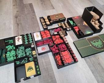 May include: A black and green board game organizer with multiple compartments for storing game pieces, cards, and dice. The organizer is designed to fit a specific board game, and it includes a variety of compartments for different types of game components. The organizer is made of high-quality materials and is designed to last for years.