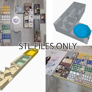 May include: A 3D printed organiser for the board game "Aeon's End: The New Age". The organiser is made of beige and yellow plastic and has compartments for all of the game's components. The organiser is shown in a 3D rendering and in a real-life photo with the game's components.