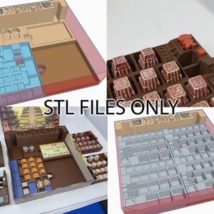May include: 3D printed organizer insert for the board game "7 Wonders: Duel". The insert has compartments for all the game components, including the player boards, cards, and tokens. The insert is made of brown plastic and has a "7 Wonders: Duel" logo on the top.