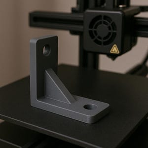 Op de afbeelding: Een donkergrijze, L-vormige beugel met twee ronde gaten en een driehoekige steun. De beugel is gemaakt van een mat materiaal en ligt op een zwart oppervlak, waarschijnlijk een 3D-printer.