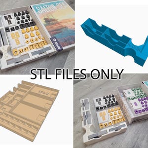 May include: A 3D printed organizer for the board game "Salton Sea". The organizer is made of blue and beige plastic and has compartments for all of the game's components. The organizer is designed to fit inside the game box.