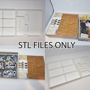 May include: A white plastic insert for a board game with multiple compartments. The insert is designed to hold game pieces and cards. The insert is shown in four different configurations. The game box is not included.