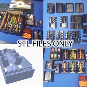 May include: A 3D printed organiser for the Catan: Starfarers board game. The organiser includes compartments for the game's components, including the game board, cards, and pieces. The organiser is made of blue plastic and is designed to fit inside the game's box. STL files only.