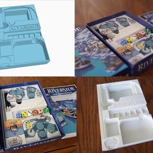 May include: A board game box set with the title "Riverside" visible on the box and insert. The set includes game pieces, dice, and a game manual. The insert is designed to hold the game components.
