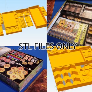 May include: A 3D printed organizer for the board game "The Crew: The Quest for Planet Nine". The organizer is made of orange plastic and includes compartments for all of the game's components. The organizer is shown in various configurations, including a top-down view and a side view.