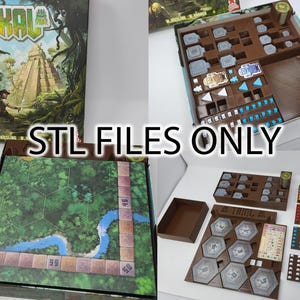 Puede incluir: Un organizador de juegos impreso en 3D para el juego de mesa Tikal. El organizador incluye compartimentos para los componentes del juego, como las fichas, los meeples y las cartas. El organizador está hecho de plástico marrón y tiene una superficie texturizada.