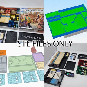 Puede incluir: Una caja de juego de mesa abierta con componentes, incluyendo cartas, fichas y dados. La caja del juego está etiquetada como "Encyclopedia". La imagen también muestra representaciones de modelos 3D de organizadores de componentes del juego. El texto en la imagen dice "STL FILES ONLY".