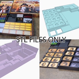 May include: 3D printed organizer inserts for the board game "Through the Ages: A New Story of Civilization". The inserts are designed to fit in the game box and help organize the game components. The inserts are shown in various colors, including blue, purple, and black.