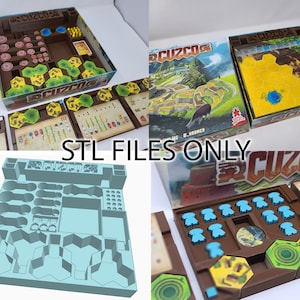 May include: A 3D printed organizer for the board game "Cuzco" with compartments for all the game pieces, including the hexagonal tiles, wooden meeples, and cards. The organizer is made of brown plastic and has a light blue interior.