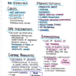 May include: Handwritten notes on a white sheet of paper describe the causes, manifestations, and complications of Chronic Obstructive Pulmonary Disorder (COPD). The notes include terms like "AAT deficiency", "smoking", "productive cough", "dyspnoea", "clubbing", "polycythaemia", "emphysema", "loss of alveolar fx", "air trapping", "loss of elastic recoil", "chronic bronchitis", "hypersecretion of mucus", "blue bloaters", and "pink puffers".