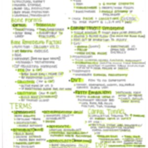 Könnte beinhalten: Eine handgeschriebene Seite mit Notizen zur Anatomie des Bewegungsapparates und Komplikationen. Die Seite ist mit grüner Hervorhebung gefüllt und enthält Begriffe wie "Knochenfunktionen", "Knochenformen", "Neurovaskuläre Verletzung", "Kompartmentsyndrom", "TVT", "Fett-Embolie", "Karpaltunnelsyndrom" und "Begriffe".