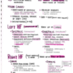 May include: A handwritten medical study guide on heart failure, with the title "Heart Failure" in pink. The guide lists causes, types, and effects of heart failure, with key terms highlighted in pink. The text is on white paper.