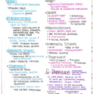 May include: Handwritten notes on a page of a notebook, with the words "Diarrhea" and "Constipation" at the top of the page. The notes are in blue, pink, and purple ink and describe the symptoms, causes, and treatments for each condition.