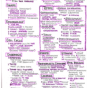 May include: A handwritten page of notes about cancer, with headings like "Causes", "Epidemiology", "Diagnosis", "Treatment", and "Terms". The page is filled with purple highlights and handwritten text.