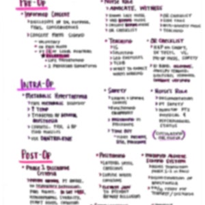 Könnte beinhalten: Ein handgeschriebenes Diagramm, das die Pflege eines chirurgischen Patienten beschreibt. Das Diagramm ist in drei Abschnitte unterteilt: Prä-OP, Intra-OP und Post-OP. Jeder Abschnitt listet wichtige Überlegungen und Maßnahmen auf, die Pflegekräfte in jeder Phase des chirurgischen Prozesses ergreifen sollten.