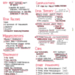 Könnte beinhalten: Eine handschriftliche medizinische Darstellung von Arthrose, mit Titeln und Aufzählungszeichen in roter und schwarzer Tinte. Der Titel "Osteoarthritis" steht oben, mit Abschnitten zu Risikofaktoren, Manifestationen und Behandlung.