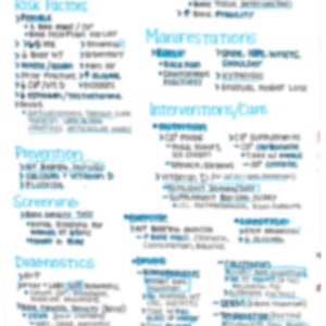Op de afbeelding: Een wit vel papier met blauwe tekst die de oorzaken, risicofactoren, manifestaties, interventies, preventie, screening en diagnose van osteoporose beschrijft.