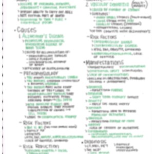 Op de afbeelding: Een handgeschreven pagina met notities over dementie, inclusief oorzaken, risicofactoren, manifestaties en diagnose. De notities zijn geschreven in groene inkt op wit papier.