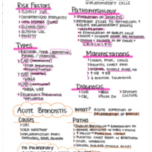 Peut inclure: Notes manuscrites sur une feuille de papier blanche concernant la pneumonie et la bronchite aiguë. Les notes comprennent des informations sur les facteurs de risque, les types, la physiopathologie, les manifestations, le diagnostic, les causes et la physiopathologie.