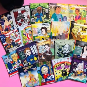 May include: A collection of 20 tea bags featuring various historical figures, including Martin Luther King Jr., Marie Curie, Nikola Tesla, Shakespeare, and Frida Kahlo. Each tea bag has a colourful illustration and a name of the historical figure. The tea bags are arranged in a grid pattern on a pink surface.