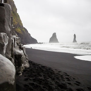 Reynisfjara Beach Iceland Landscape Photography Print (Matte), Rainy Black Sand Beach, Modern Nordic Scandinavian Decor