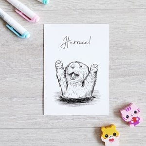 Puede incluir: Una ilustración en blanco y negro de una nutria feliz con los brazos levantados en el aire. La nutria está en el agua y el texto "Hurraaa!" está escrito encima.