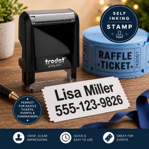 Custom Name Stamp, Self-Inking Raffle Stamp with Phone Number for Giveaways & Tickets