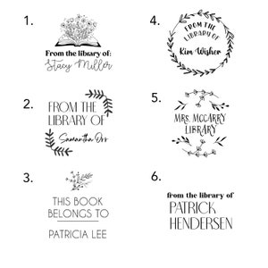 May include: Six different bookplate designs featuring floral and book illustrations. The designs include the text "From the library of:" followed by a name.
