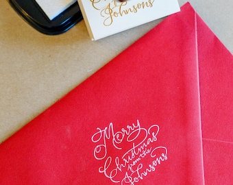 Custom Hand-Drawn Christmas Return Address Stamp • Personalized Holiday Envelope Stamp • Wood Handle Rubber Stamp