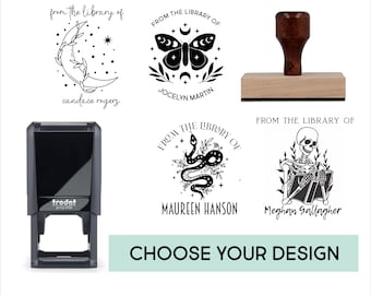 Custom Book Stamp - Personalized Bookplate, Library Stamp gift for Book Lovers, 'From the Library of' - Skeleton Moon Snake Sun Skull Gothic